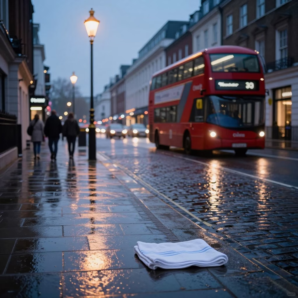 Early Morning London Street Scene with Dish Towel and Urban Details Before Dawn in in London, United Kingdom