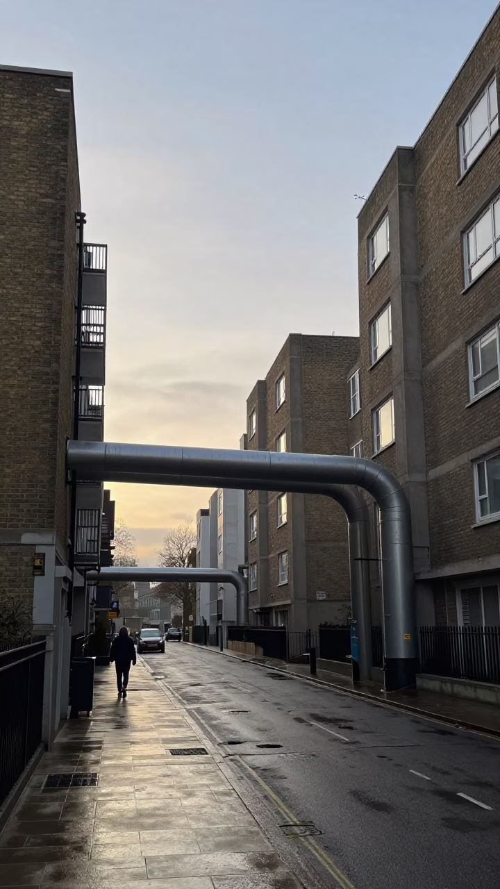 Early Morning London Street Scene with District Heating Pipes and Wet Pavement Reflections in in London, United Kingdom