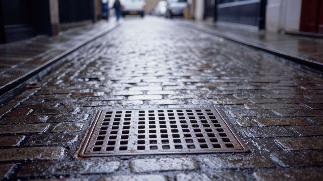 Early Morning London Street Scene with Grease Sheen on Drain and Rake Head in in London, United Kingdom