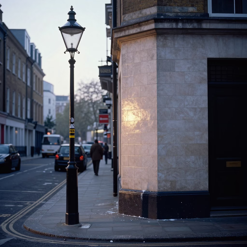 Early Morning London Street Scene with Oil Lamp and Urban Details in in London, United Kingdom
