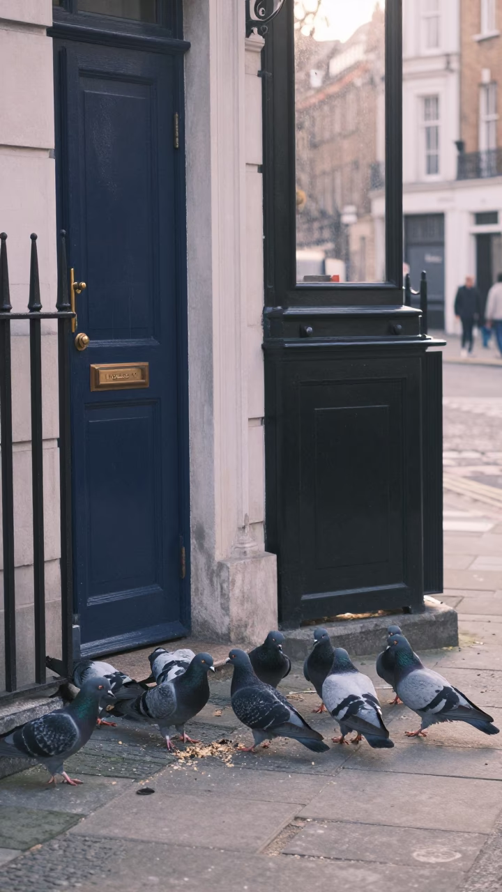 Early Morning London Street Scene with Pigeons and Door Handle in in London, United Kingdom