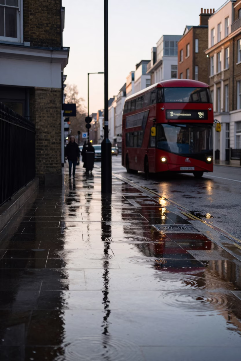 Early Morning London Street Scene with Ripples and Urban Reflections in in London, United Kingdom