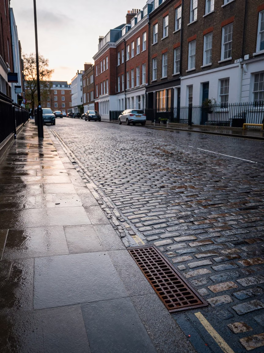 Early Morning London Street Scene with Rust Drain and Wooden Stool in in London, United Kingdom