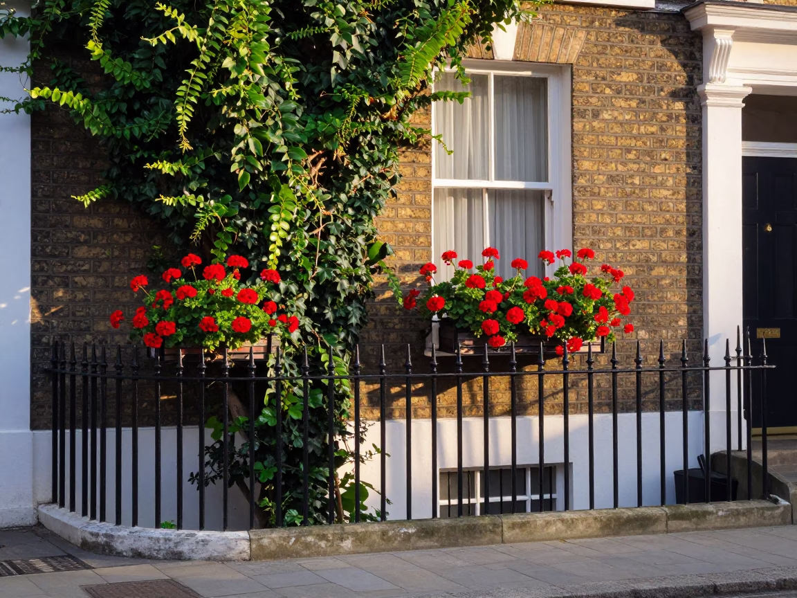 Early Morning London Street Scene with Substation Fence and Window Box in First Light in in London, United Kingdom
