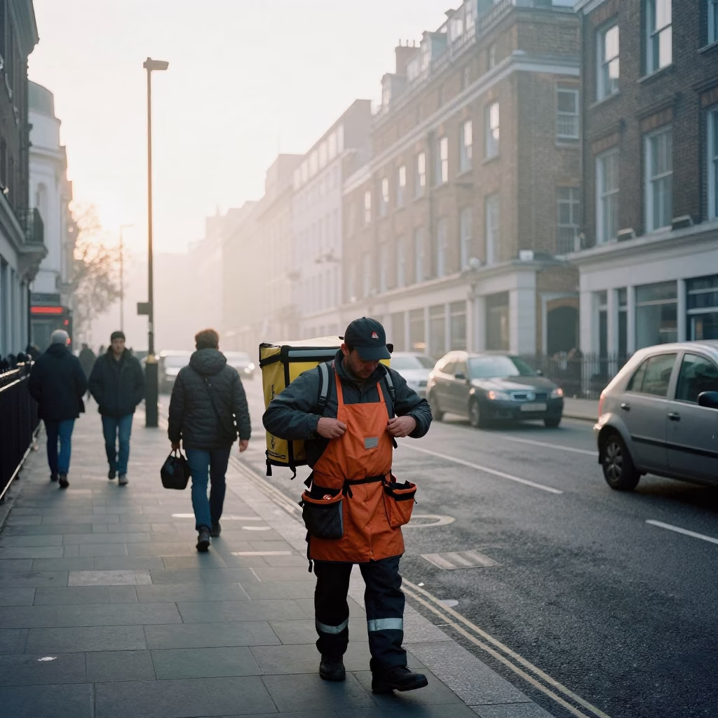 Early Morning London Street Scene with Tool Aprons and Busy Urban Life in in London, United Kingdom