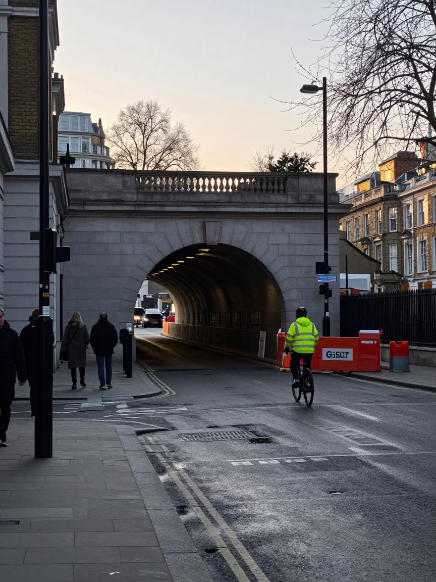 Early Morning London Street Scene with Tunnel Portal and Fresh Concrete Retaining Wall in in London, United Kingdom