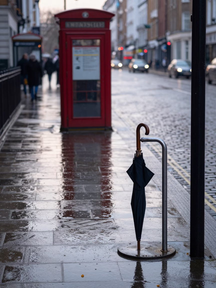 Early Morning London Street Scene with Umbrella Stand and Clipboard Near Red Bus Stop in in London, United Kingdom