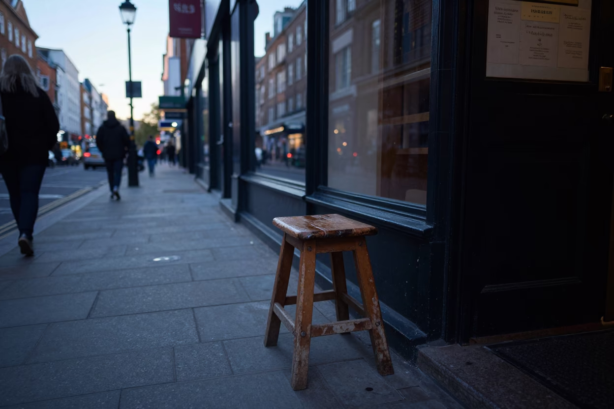 Early Morning London Street Scene with Vendor Stool and Porcelain Jar in in London, United Kingdom