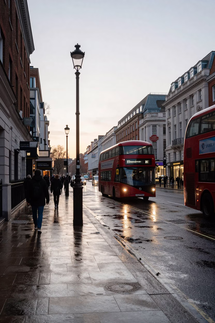 Early Morning London Street Scene with Vintage Elements and Hydrangeas in in London, United Kingdom