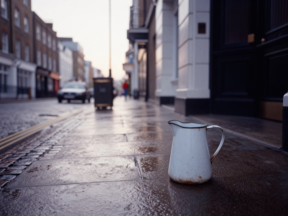 Early Morning London Street Scene with Vintage Enamel Pitcher and Cobblestone Details in in London, United Kingdom