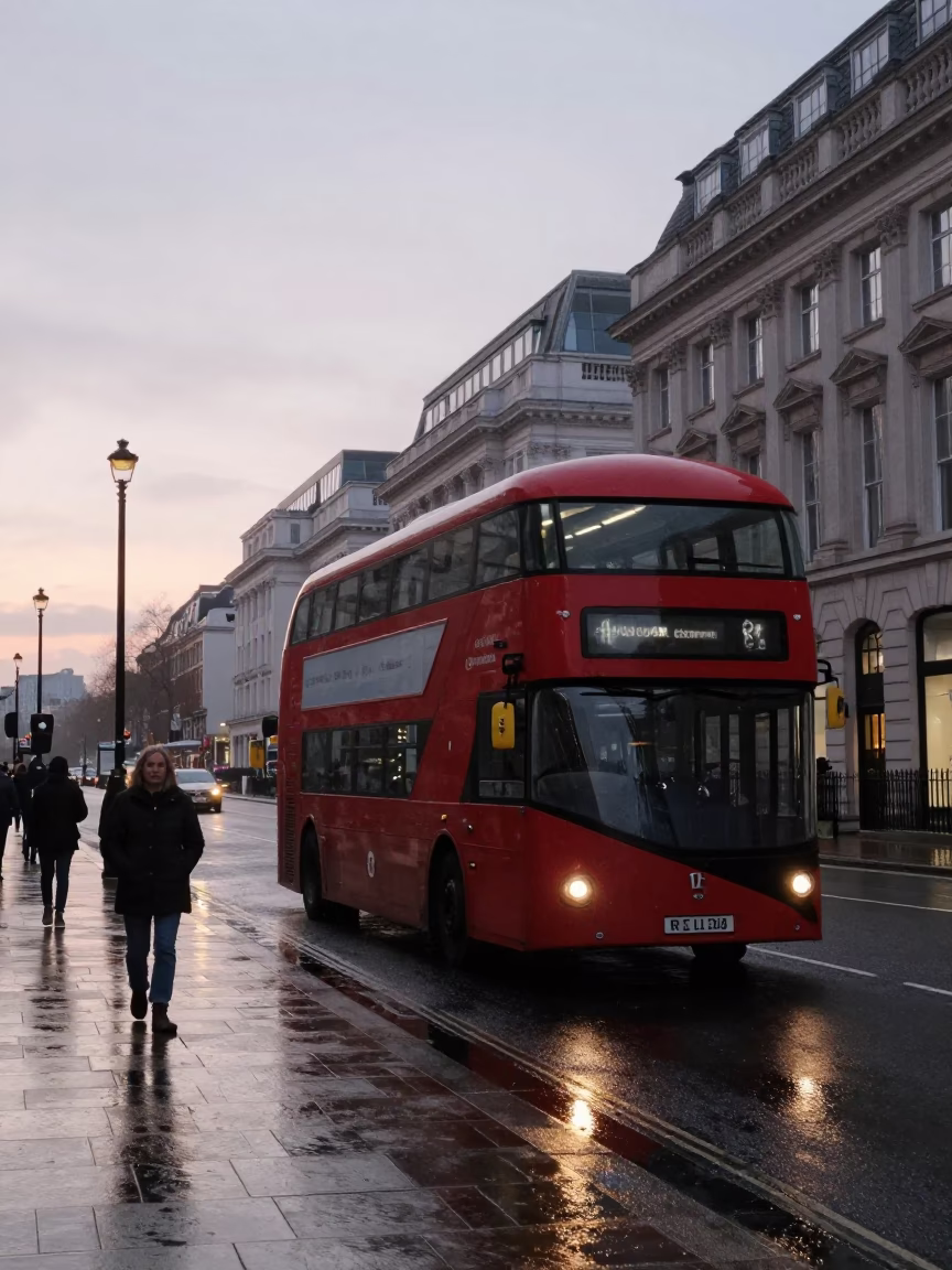 Early Morning London Street Scene with Vintage Red Bus and Cobblestone Pavement in in London, United Kingdom