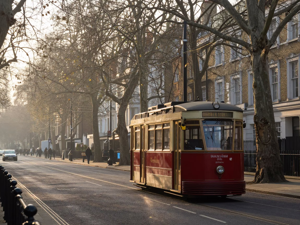 Early Morning London Street Scene with Vintage Trolley and Tree Lined Avenue in in London, United Kingdom