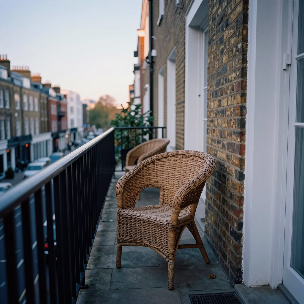 Early Morning London Street Scene with Wicker Chair and Decanter on Balcony in in London, United Kingdom