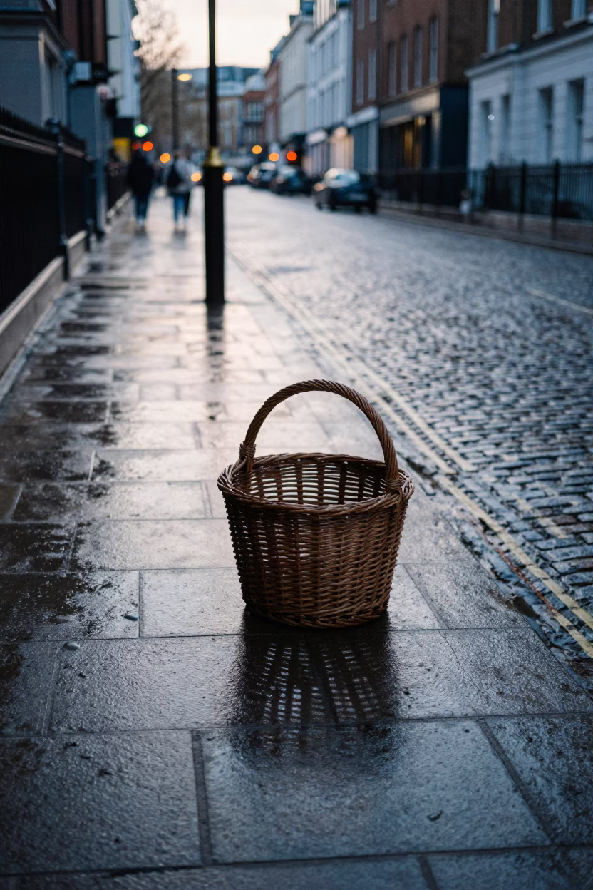 Early Morning London Street Scene with Wicker Shadow on Drain and Rain-Slicked Cobblestones in in London, United Kingdom
