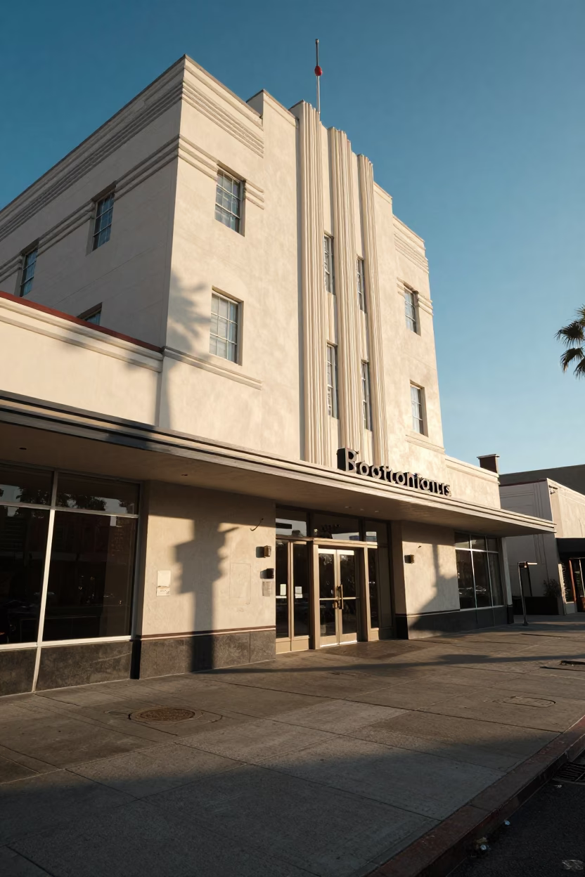 Early Morning Los Angeles Art Deco Hotel Facade and Street Scene in in Los Angeles, California, United States