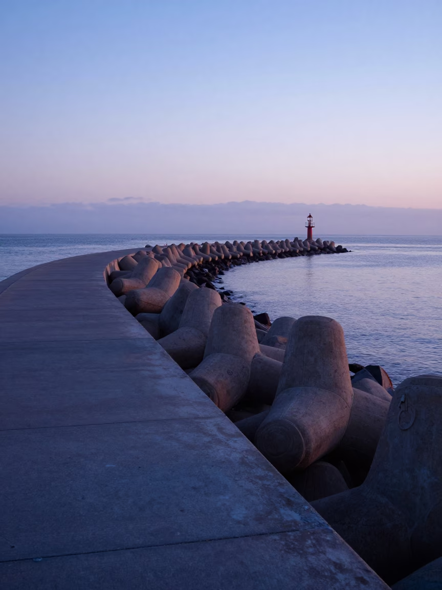 Early Morning Los Angeles Harbor Breakwater Curve Leading to Lonely Beacon Before Sunrise in in Los Angeles, California, United States