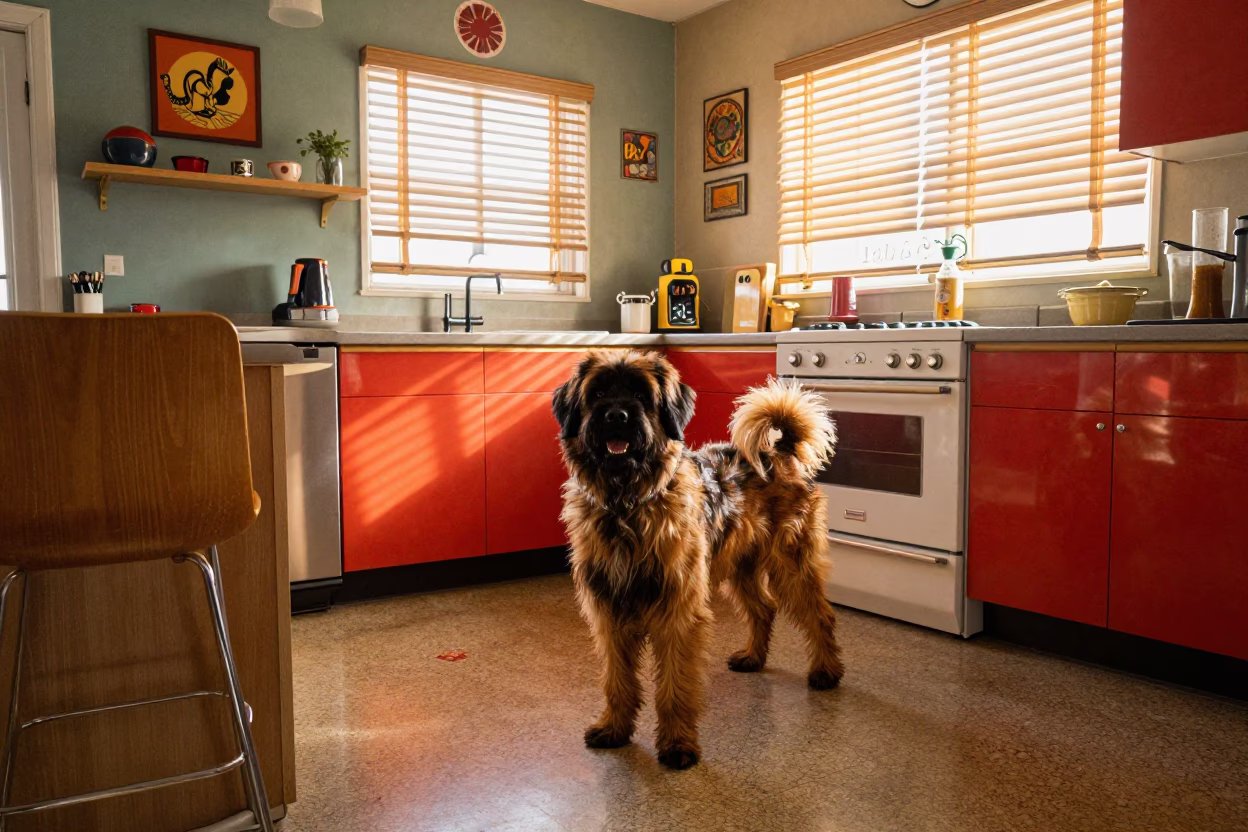 Early Morning Los Angeles Kitchen Scene with Belgian Tervuren and Vintage 1970s Decor in in Los Angeles, California, United States