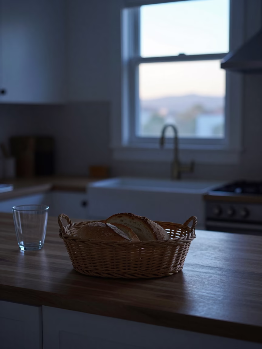 Early Morning Los Angeles Kitchen Scene with Bread Basket and Wildflowers in in Los Angeles, California, United States