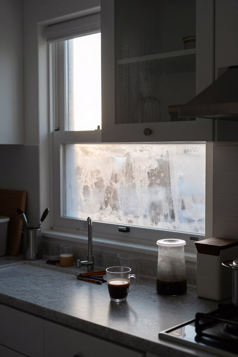 Early Morning Los Angeles Kitchen Scene with Condensation and Coffee in in Los Angeles, California, United States