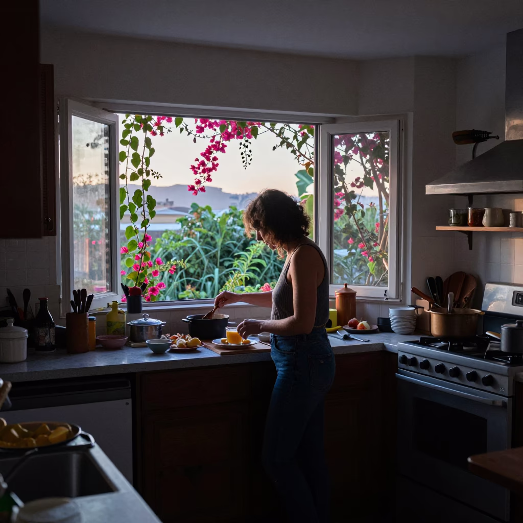 Early Morning Los Angeles Kitchen with Bougainvillea and Cooking Pots in in Los Angeles, California, United States