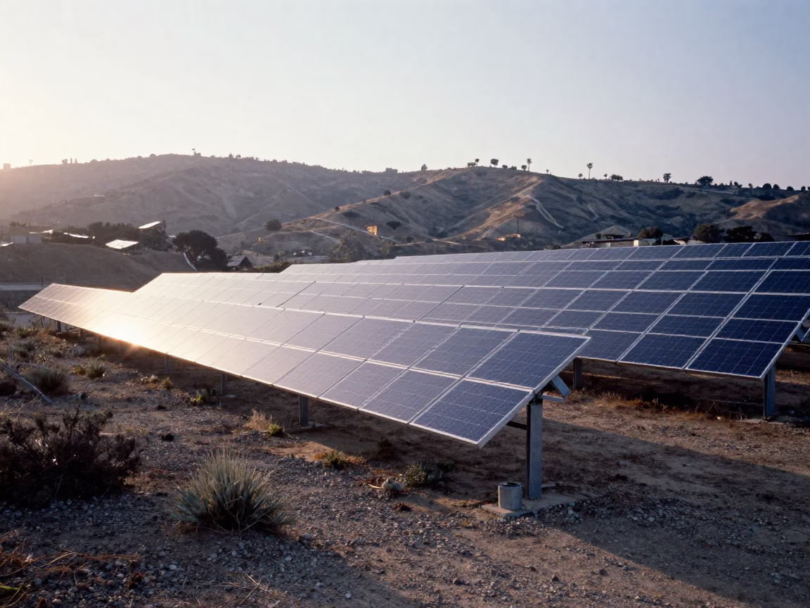 Early Morning Los Angeles Solar Array Glinting Silver on Gravel Scrubland Under First Light in in Los Angeles, California, United States