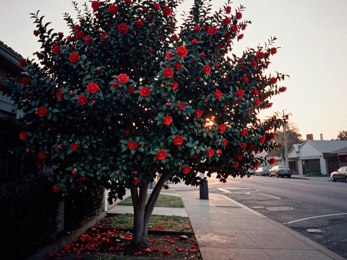 Early Morning Los Angeles Street Scene with Camellia Bush and Urban Activity in in Los Angeles, California, United States