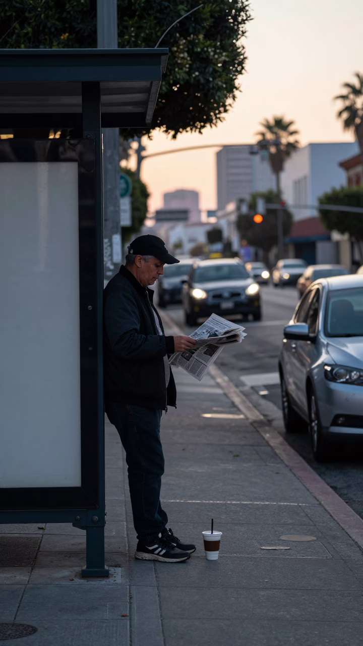 Early Morning Los Angeles Street Scene with Coffee and Newspaper in in Los Angeles, California, United States