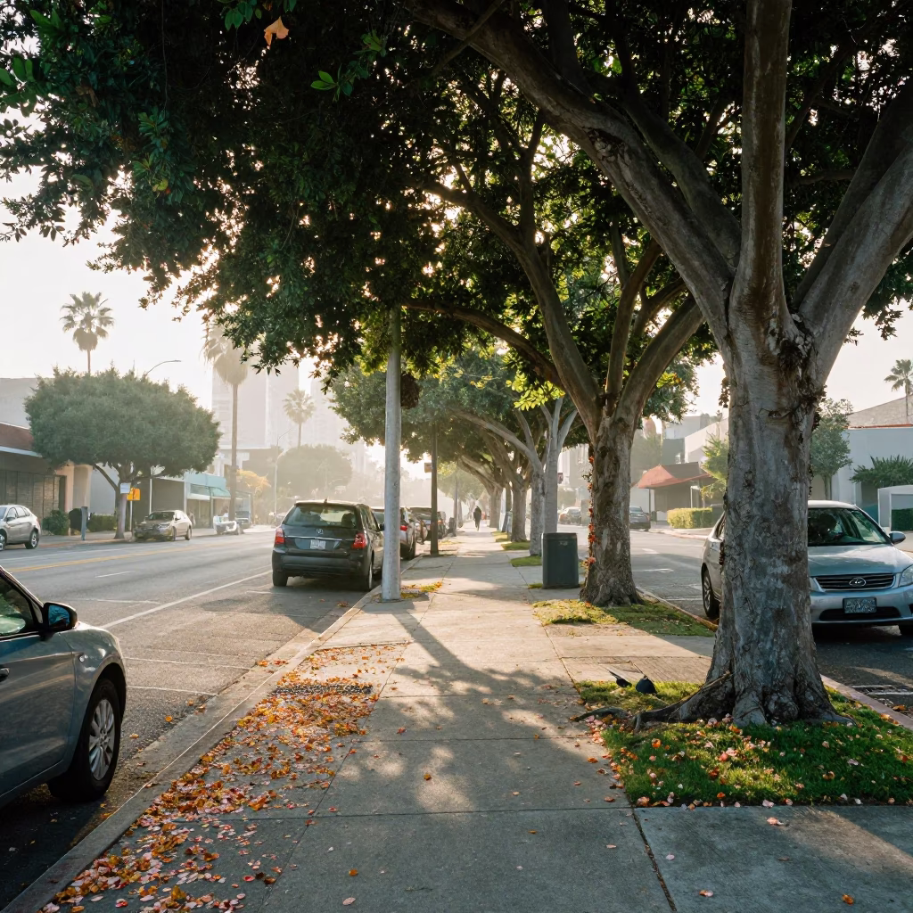 Early Morning Los Angeles Street Scene with Fallen Petals and Urban Life in in Los Angeles, California, United States