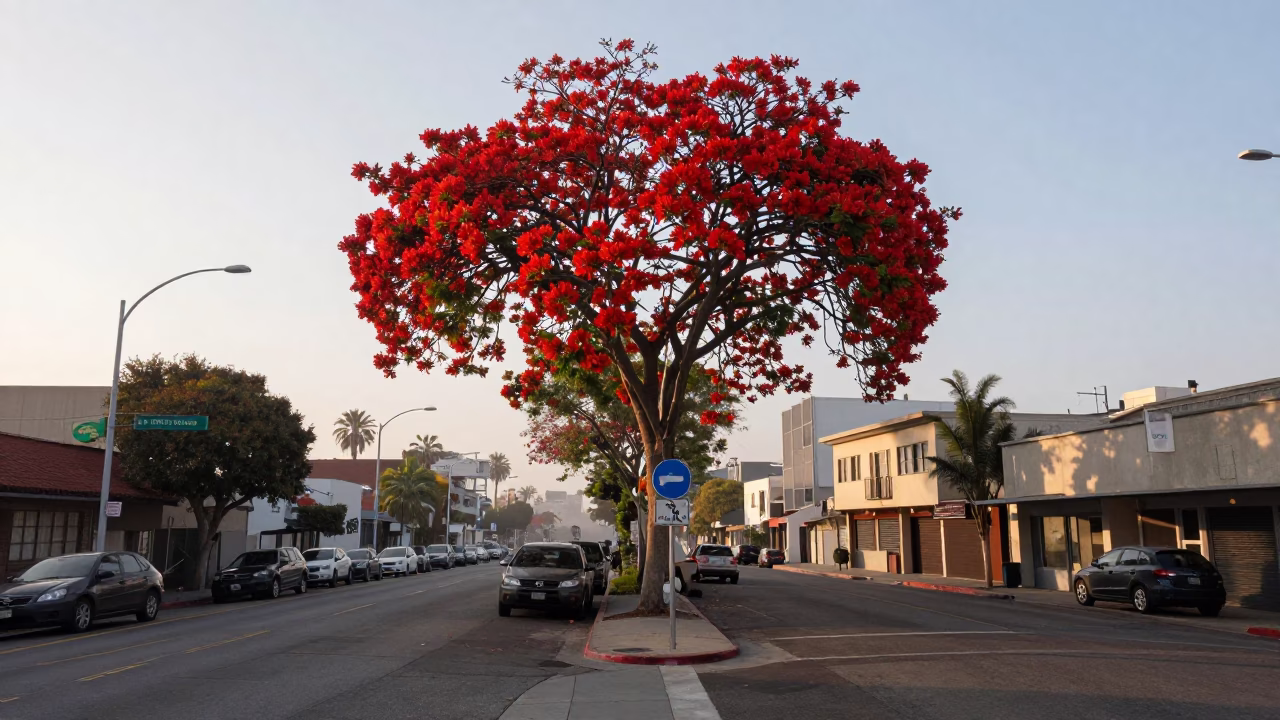 Early Morning Los Angeles Street Scene with Flame Tree Bloom and Urban Details in in Los Angeles, California, United States