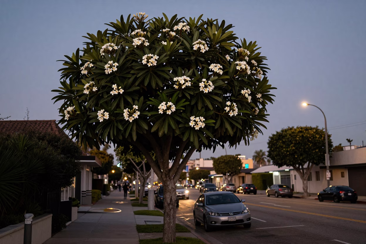 Early Morning Los Angeles Street Scene With Frangipani Tree And Vintage Details in in Los Angeles, California, United States