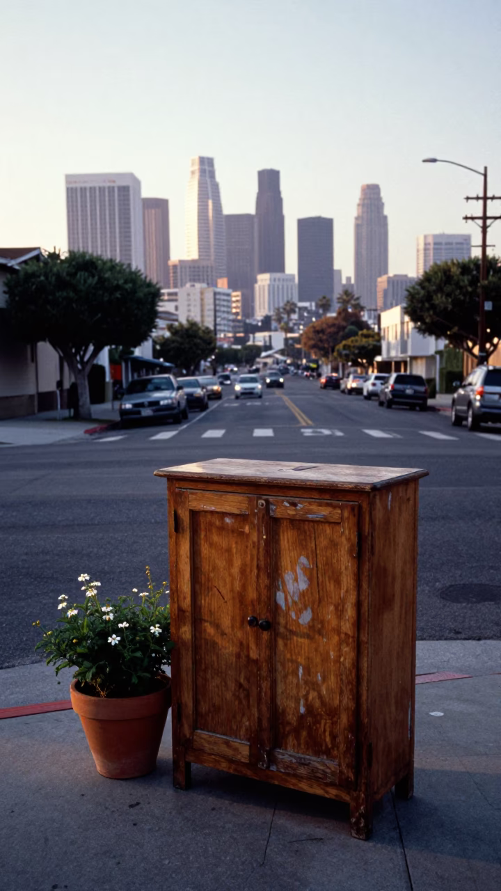 Early Morning Los Angeles Street Scene with Potted Herbs and Vintage Details in in Los Angeles, California, United States
