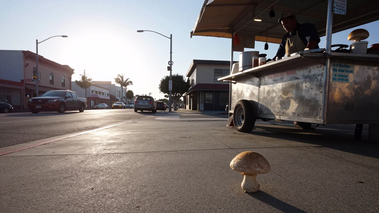 Early Morning Los Angeles Street Scene with Puffball Mushroom and Charm Bracelet in in Los Angeles, California, United States