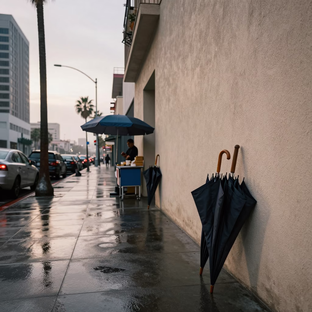 Early Morning Los Angeles Street Scene with Umbrellas and Urban Details in in Los Angeles, California, United States
