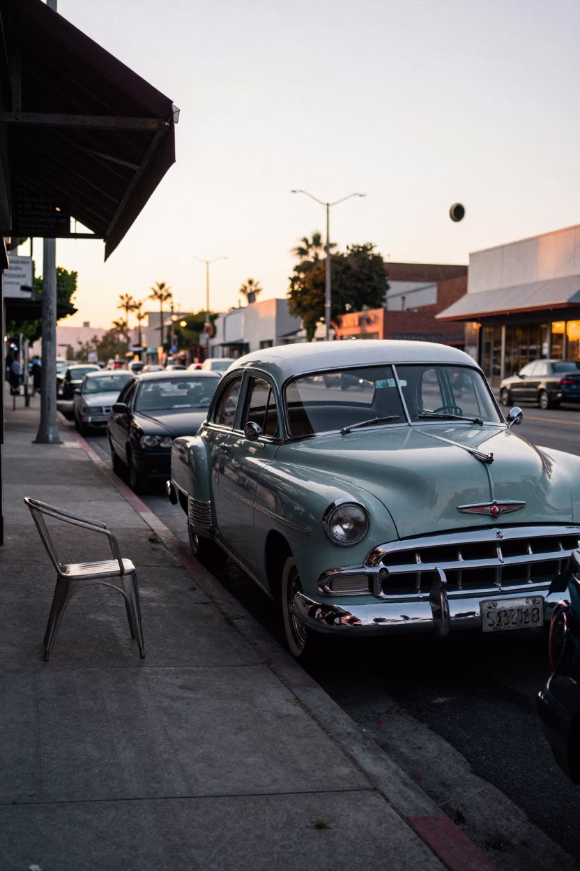 Early Morning Los Angeles Street Scene with Vintage Car and Urban Details in in Los Angeles, California, United States