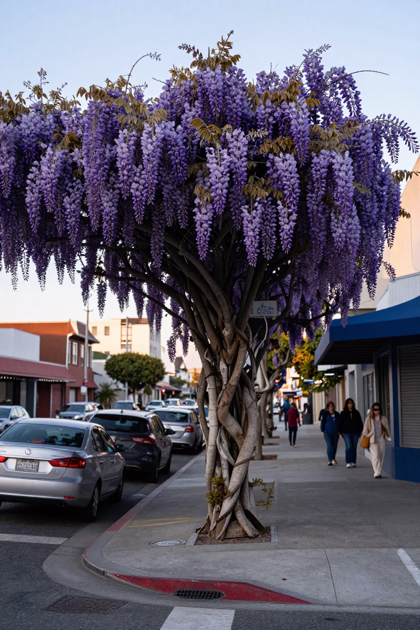 Early Morning Los Angeles Street Scene with Wisteria and Urban Details in in Los Angeles, California, United States