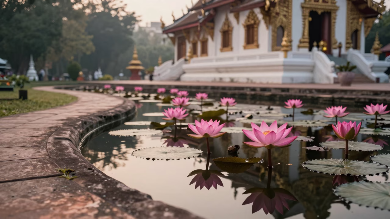 Early Morning Lotus Pond at Chiang Mai Temple with Traditional Buddhist Rituals in in Chiang Mai, Thailand