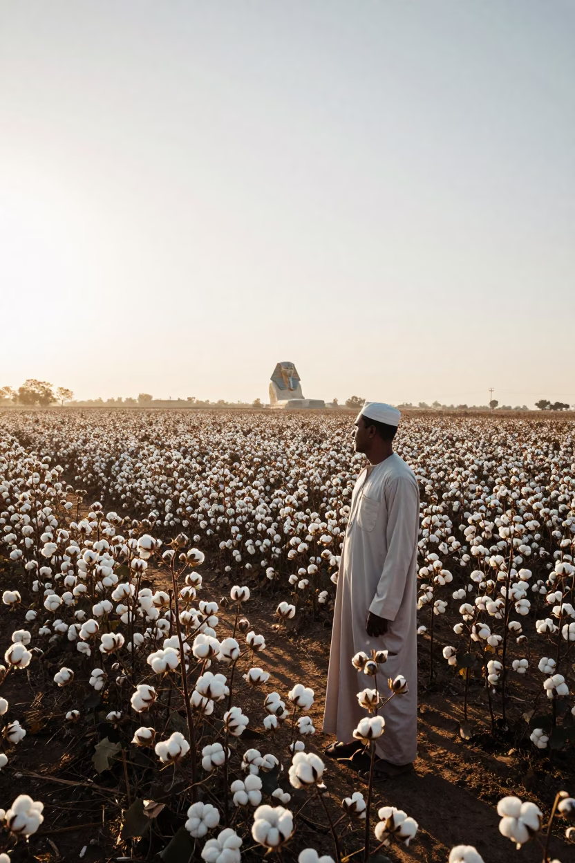 Early Morning Luxor Cotton Field with White Bolls and Local Farmer Harvesting in in Luxor, Egypt