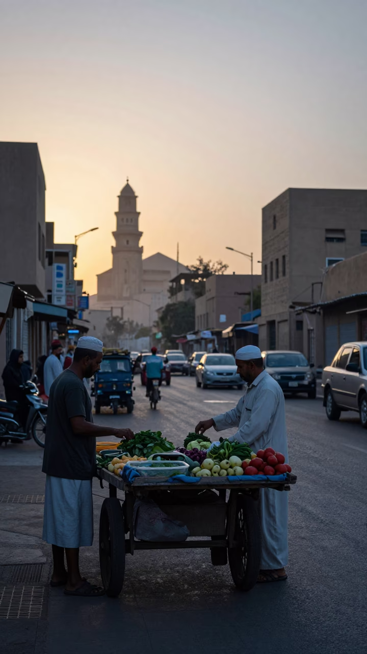 Early Morning Luxor Street Scene Before Sunrise with Local Vendor and Traditional Tools in in Luxor, Egypt