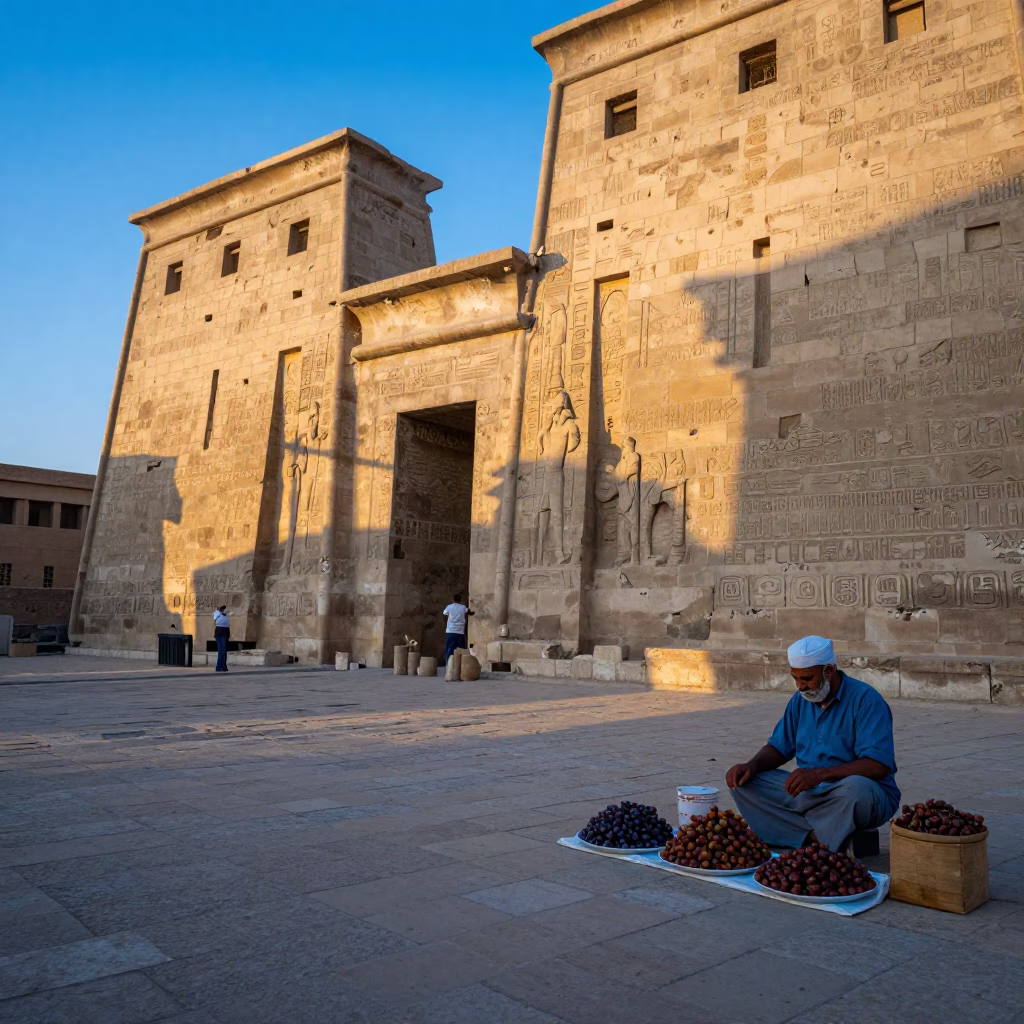 Early Morning Luxor Street Scene with Ancient Stone and Modern Life in in Luxor, Egypt