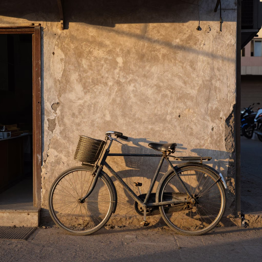 Early Morning Luxor Street Scene with Bicycle and Coiled Rope in in Luxor, Egypt