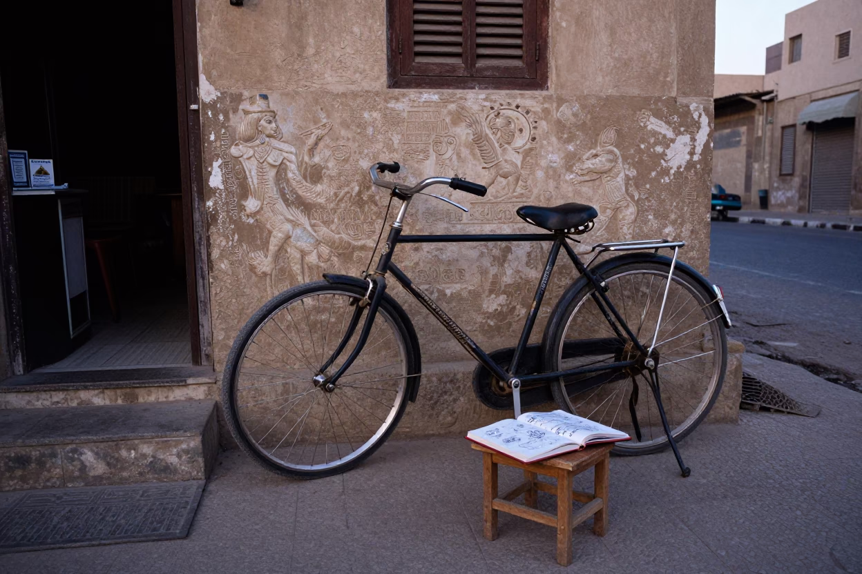 Early Morning Luxor Street Scene with Bicycle and Notebook at Dawn in in Luxor, Egypt