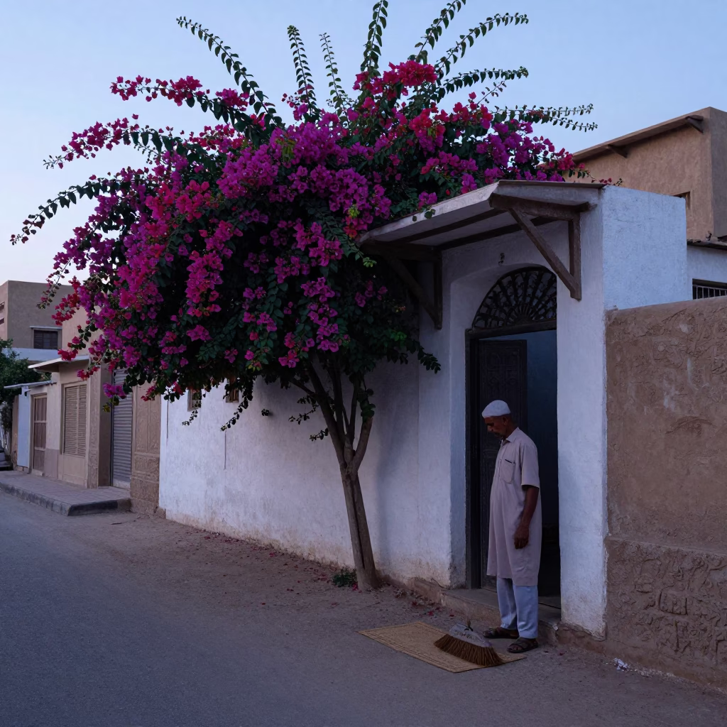 Early Morning Luxor Street Scene with Bougainvillea and Local Vendor in in Luxor, Egypt
