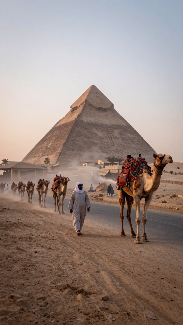 Early Morning Luxor Street Scene with Camel Caravan and Local Market Activity in in Luxor, Egypt