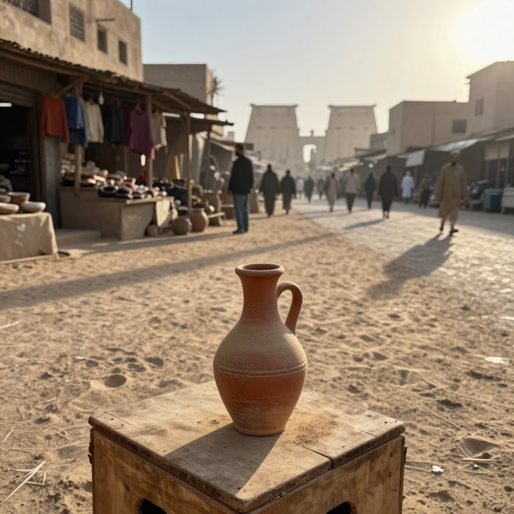 Early Morning Luxor Street Scene with Dusty Bottle and Peg Basket near Temple in in Luxor, Egypt