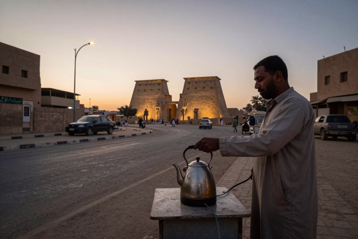 Early Morning Luxor Street Scene with Electric Kettle and Local Vendor in in Luxor, Egypt