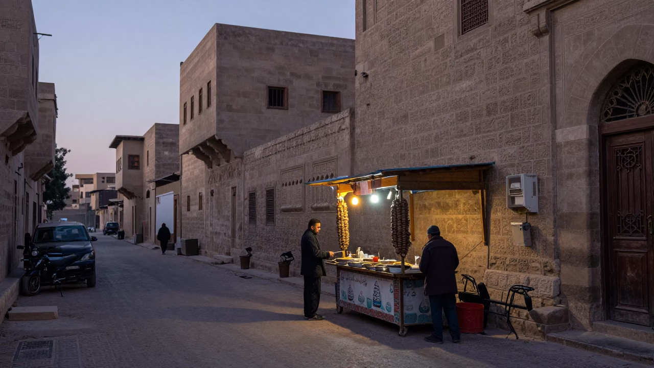 Early Morning Luxor Street Scene with Kebab and Ayran Before Sunrise in in Luxor, Egypt