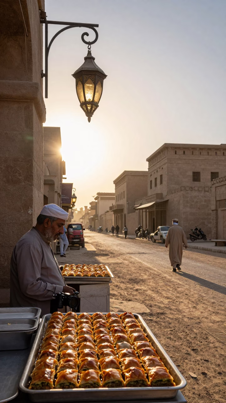 Early Morning Luxor Street Scene with Lantern and Traditional Sweets in in Luxor, Egypt