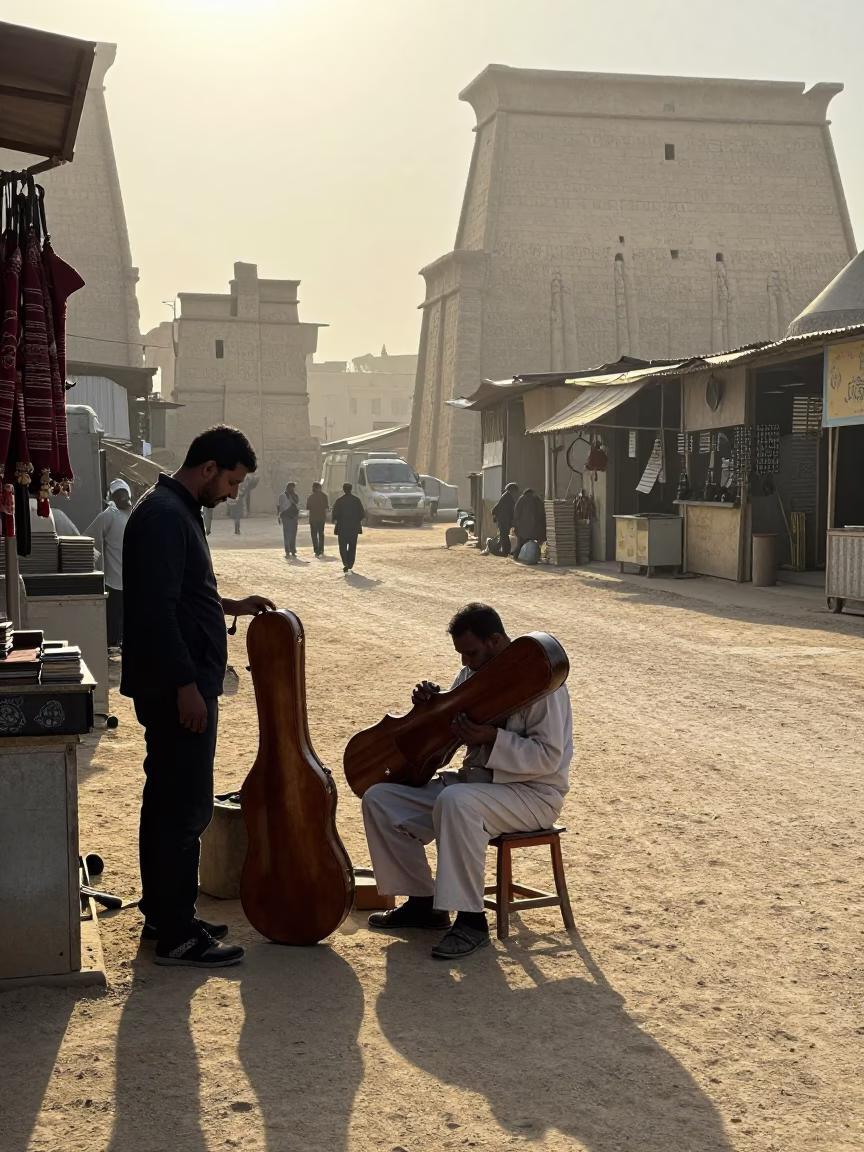 Early Morning Luxor Street Scene with Local Artisan and Vine-Covered Wall in in Luxor, Egypt