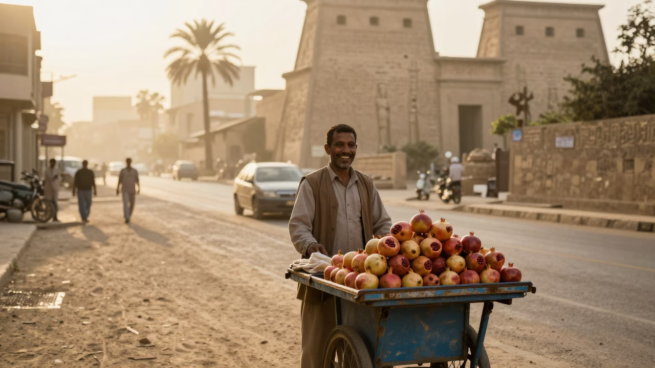 Early Morning Luxor Street Scene with Local Vendor and Dusty Fan in in Luxor, Egypt