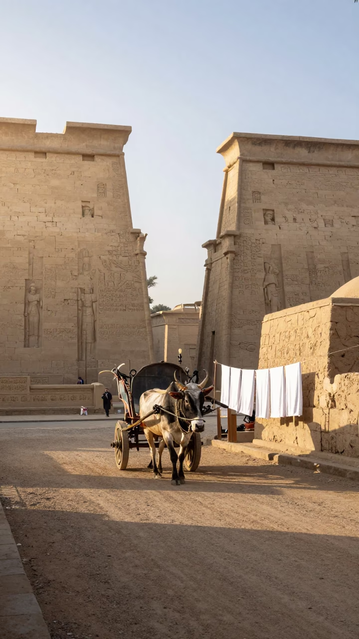 Early Morning Luxor Street Scene with Ox Cart and Drying Towels in in Luxor, Egypt